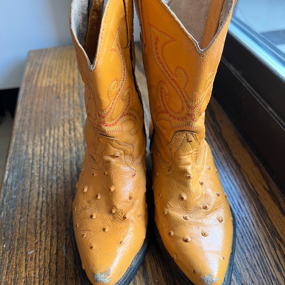 Vintage kids yellow ostrich Western Cowboy Boots